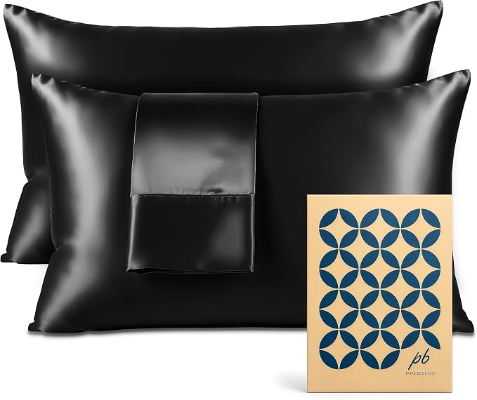 Pure Bedding Satin Pillowcase 2 Pack - King Size (20"x40", Black) - Silky Pillow Cases for Hair and Skin - Satin Pillow Covers with Envelope Closure - Extra Soft Premium Microfiber