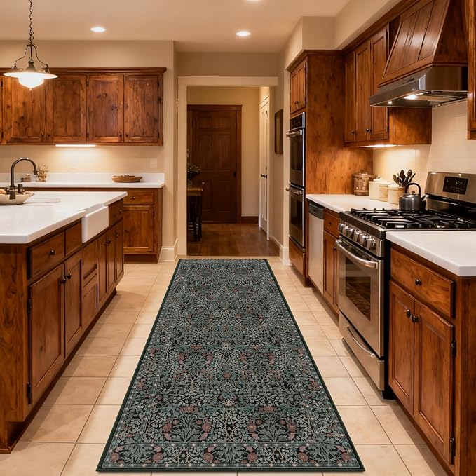 Washable 2'6" x 10' Runners for Hallways, Non Slip Long Floor Runner for Kitchen, Entryway Indoor, Stain Resistant Rubber Backing Floral Décor Rug (Dark Green)