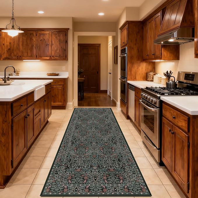 Washable 2' x 6' Runners for Hallways, Non Slip Long Floor Runner for Kitchen, Entryway Indoor, Stain Resistant Rubber Backing Floral Decor Rug (Dark Green)