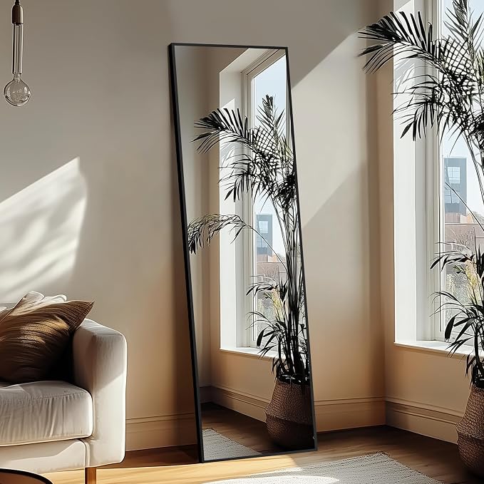 Full Length Mirror with Stand, 69x24 Black Floor Mirror | Aluminium alloy frame with HD float glass for distortion-free reflection. Free standing or wall mounted.