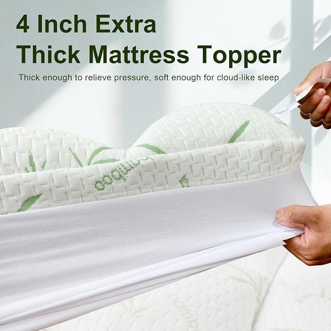 4 Inch Mattress Topper Memory Foam Cooling Bamboo Full Size Back Pain | Gel Airflow Channels Wick Heat Moisture Orthopedic Support Deep Pocket 360 Edge Fits 8-21 Inch Washable Hypoallergenic Full