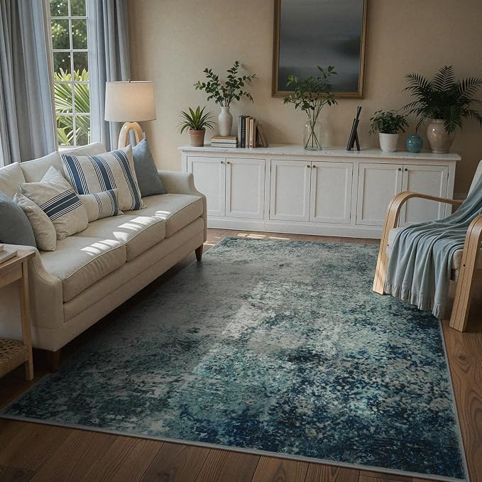Lahome Modern Abstract Area Rug 5x7 Rugs for Living Room, Washable Accent Bedroom Rug Low Pile Non-Slip, Indoor Floor Contemporary Carpet for Kitchen Bathroom Laundry,Blue/Grey
