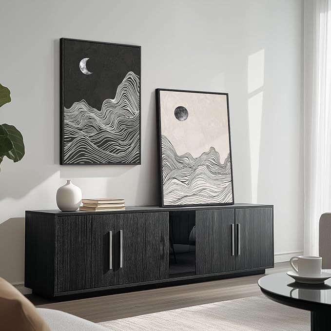 Large Framed Black White Abstract Wall Art for Living Room Set of 2, 24x36 | Mountain moon, Canvas prints, Modern pictures, Black and white gray, Minimalist artwork, Black frame, Bedroom wall decor
