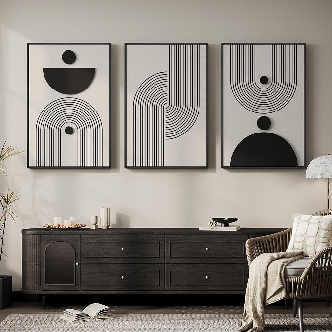 3D Large Framed Black and White Abstract Wall Art for Living Room, 3 Piece | Wood Frames, Sandstone Textured Paintings, Modern Artwork for Walls, 24x36 In Geometric Pictures Wall Decor Bedroom Office