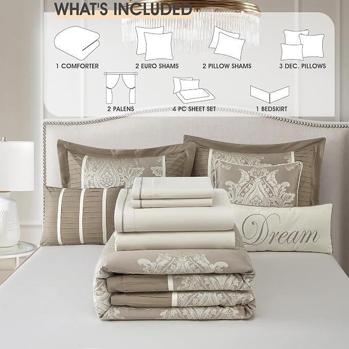 Beige King Size Comforter Set, 15 Pieces, Damask Jacquard Woven, Bedding Set with Sheets, Room in a Bag, Comforter, Bed Skirt, Pillow Shams and Decor Pillows, Curtains