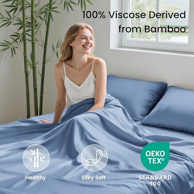 Love's cabin 4 Piece Queen Sheet Set, 100% Rayon Derived from Bamboo, Cooling & Breathable, Soft Silky Deep Pocket up to 16", Hotel Luxury Bedding for Hot Sleepers, Mineral Blue