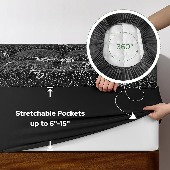 BEDLORE Twin XL Mattress Topper Viscose Bamboo, Pillow Top Mattress Pad | Deep Pockets Fit 6”-15” Mattress, Soft Breathable Thick Dorm-Size Mattress Topper for Students and Hot Sleepers(Dark Gray)