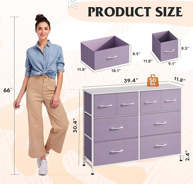 WLIVE Wide Dresser for Bedroom, 8 Drawer Chest of Drawers, Purple | 8 roomy fabric drawers, Wide storage design, Bedroom or closet use, Sturdy steel frame, Smooth wood tabletop