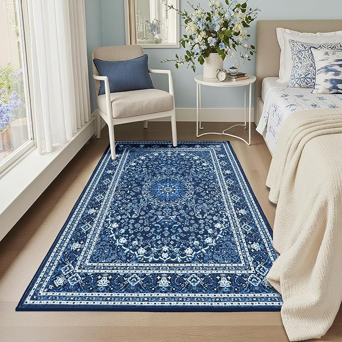 3 x 5 Area Rugs for Living Room, Washable Boho Carpets Blue White | Faux Wool Rug for Entryway Bedroom, Floral Medallion Vintage Rugs with Non-Slip Rubber, 0.25inch Low Pile Kid & Pet Friendly