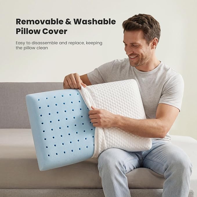 OLIXIS Memory Foam Pillow, Standard Size Bed Pillows for Sleeping, 2 PCS | Firm and Comfortable Support, Bed Pillow for Back and Side Sleepers, Cooling Gel, Breathable Mesh & Washable Cover, White