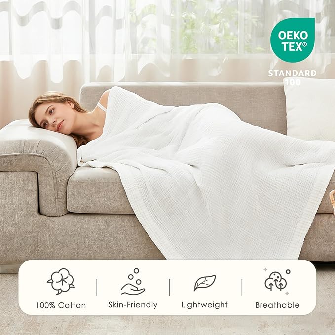 EMME Muslin Blankets for Adults Throw Blanket for Couch Breathable Gauze Soft Lightweight Airy White Queen 90" x 90"