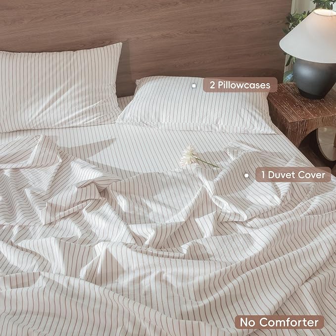 MooMee Striped Duvet Cover Set 100% Washed Cotton Linen Like King | Relaxed Linen-like Texture. Soft, Breathable & Long-lasting Comfort. Lightweight. Hidden Zipper with 8 Interior Corner Ties