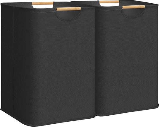 STORAGE MANIAC 2-Pack Large Laundry Hamper, 100L (26.4 Gal) Collapsible Laundry Basket with Bamboo Handles, Freestanding Waterproof Clothes Hamper for Laundry Room, Bedroom, Dorm, Towels, Black