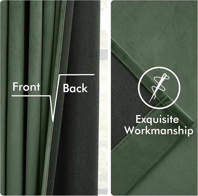 MIULEE Velvet Curtains 50W x 96L 2 Panels Olive Green Blackout Curtains | Luxury velvet fabric, pinch pleat design, back tab hooks, thermal insulated, blackout light blocking, for living room bedroom