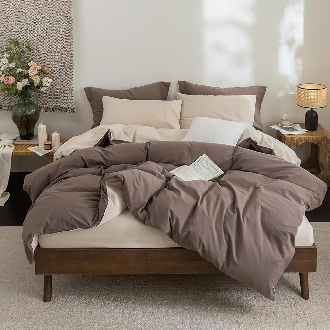 BDEAR Reversible Duvet Cover Set Twin Size 90" L x 68W, Brown and Beige | 100% Washed Cotton, 1 Duvet Cover with 1 Pillowcase, Zipper Closure, OEKO TEX Standard,8 Corner Ties,Linen-Liked Texture