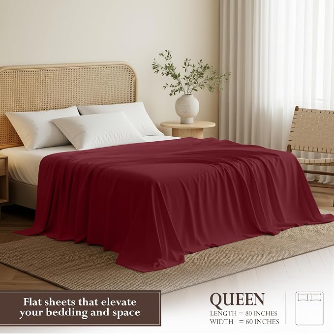 Queen Size Flat Sheet Only, Ultra Soft & Breathable Hotel Sheets, Burgundy | Hotel Bedding, Cooling Comfort, Smooth Feel, Wrinkle & Fade Resistant, Easy Care, Long-Lasting, Machine Washable, OEKO-TEX