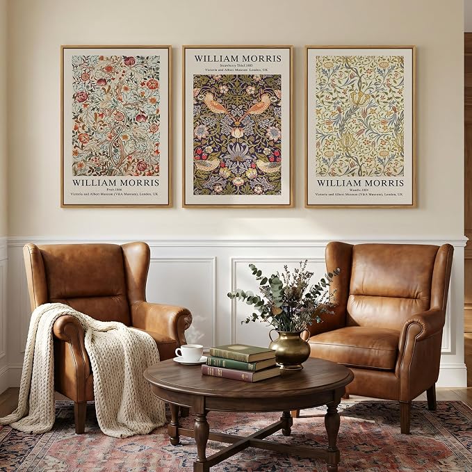 Large Framed William Morris Strawberry Thief Canvas Wall Art, Set of 3 | Fine art, Vintage, Rustic botanical, Floral art prints, 30x60 inch, Living room, Bedroom, Hallway, Office decor