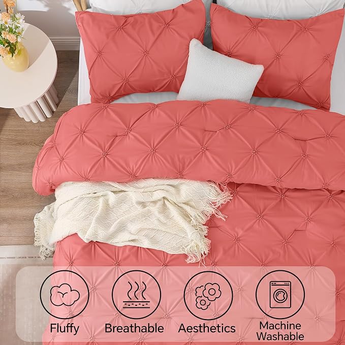 BEDELITE King Comforter Set Coral,Lightweight & Soft Comforter | Pintuck Boho Bedding, Warm & Cute Bed Set for All Season,With 2 Pillowcases