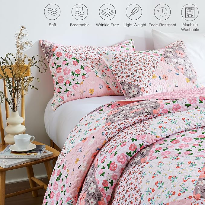 Whale Flotilla Patchwork Quilt King Size, Extra Soft Floral Bedspreads | Pink Reversible Lightweight King Quilt Bedding Set for Bed, Printed Coverlets with 2 Pillow Shams for All Seasons