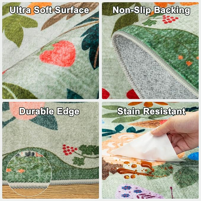 PLHXFR 2.6x14 Washable Runner Rug：Floral Indoor Kitchen Soft Carpet Green | For Hallway Bedroom Kitchen Laundry Bathroom Dorm,Vintage Floral,Machine washable,Non Slip,Stain Resistant,Indoor Floor