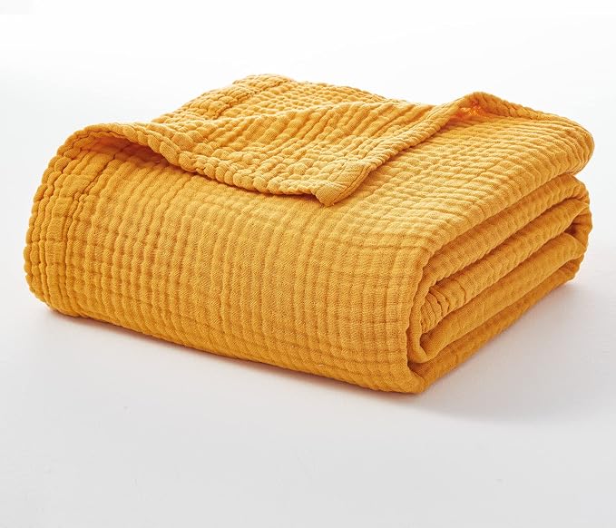 EMME Muslin Blankets for Adults Throw Blanket for Couch Breathable Gauze Soft Lightweight Airy Mustard Yellow Twin 60" x 80"