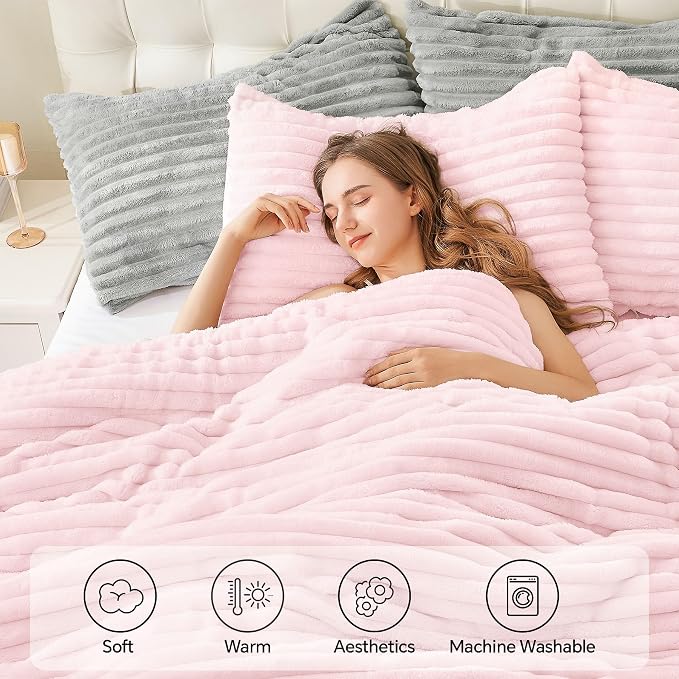 BEDELITE Fleece Twin/Twin XL Comforter Set, Fluffy Bed Set, Cherry Blossom | Super Soft & Warm Bedding, Luxury Fuzzy Faux Fur Comforter for Winter, Heavy Plush Bedding, with 1 Pillowcase