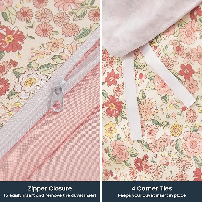 Wake In Cloud - Floral Duvet Cover Set, Cute Vintage Flower Cottagecore Aesthetic for Women Teen Girls, Soft Lightweight Bedding, 3-Piece, Cream Pink, Full Size