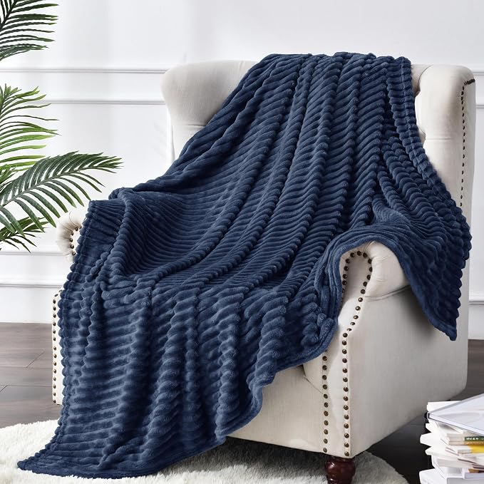 BEDELITE 3D Ribbed Navy Blue Fleece Throw Blanket for Couch, 50x60 Inch | Soft Warm Decorative Fluffy Blanket, Cozy Plush Lightweight Fuzzy Throw Blanket for Bed Sofa Home Room Decor, Gift for Women