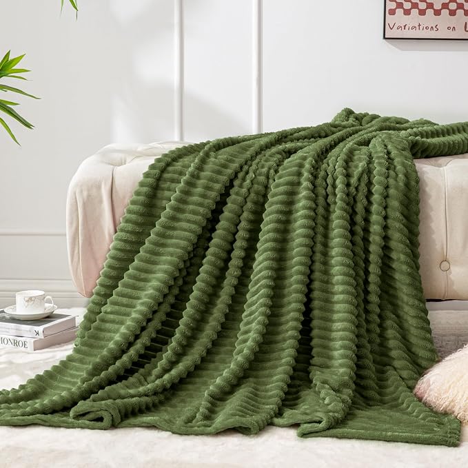 BEDELITE Ribbed Moss Olive Green Fleece Throw Blanket for Couch, 50x60 Inch | Soft Warm Decorative Fluffy Blanket, Cozy Plush Lightweight Fuzzy Throw Blanket for Bed Sofa Home Room Decor, Gift for Women