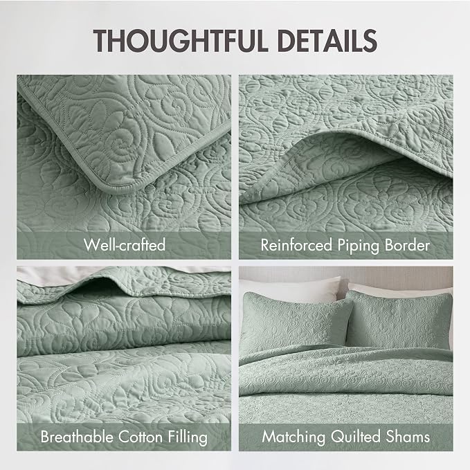 Madison Park Luxurious Cotton Damask Quilt Set, 3PC Full/Queen Bed Set | All Season, Lightweight Stitching Coverlet Bedspread Bedding Stitching with Shams, Seafoam