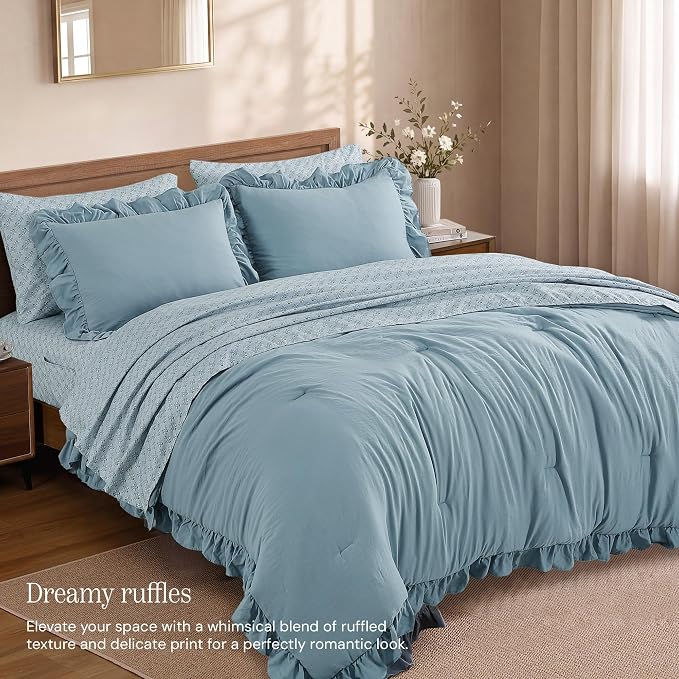 Queen Comforter Set-7 Pieces Ruffle Bedding with Floral Sheet | Misty Blue Bed in a Bag, Soft Lightweight All Season Farmhouse Queen Bedding Sets with Floral Sheets, Pillowcases & Shams
