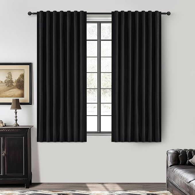QJmydeco Black Out Kitchen Curtains 63 Inch Length 2 Panels Set, Modern Pleated Linen Blend Blackout Windows Curtain Back Tab Rod Pocket for Cafe/Cabin Thermal Insulated Heavy Drapes 50"W x 63"L Long