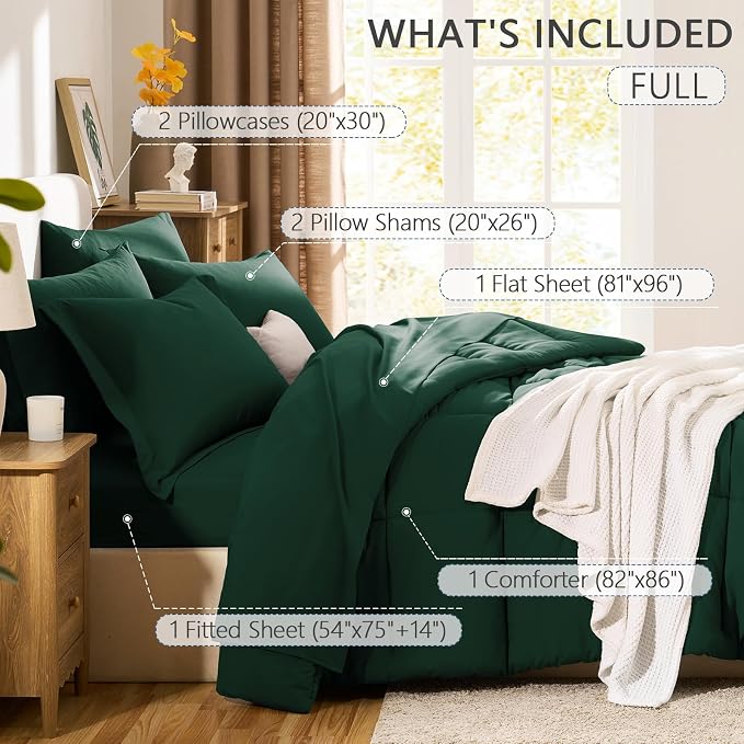 Full Size Comforter Sets, 7-Piece Bed in a Bag, Emerald Green | OEKO-TEX Certified, Box-Stitched Design, 240 GSM Down Alternative Fill, All-Season Comfort, Sheets, Pillowcases & Shams