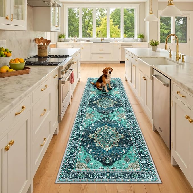 RELEANY Washable Area Rug, Runner 2'x8', Teal | Non-Slip, Water Repellent, Pet Friendly, Easy to Clean, Vintage Floral Boho Decor for Kitchen Hallway Bedroom Laundry