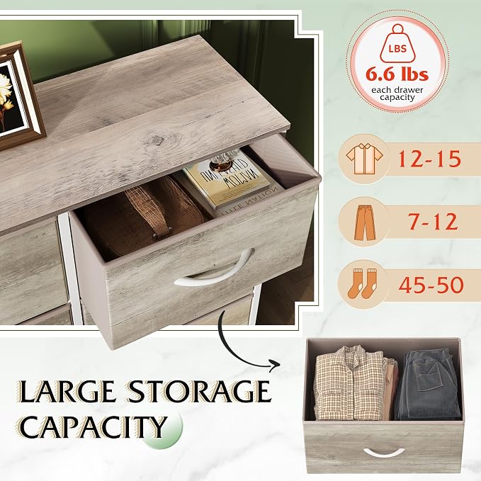 WLIVE Fabric Dresser for Bedroom, Tall Dresser with 8 Drawers, Storage Tower with Fabric Bins, Double Dressers, Chest of Drawers for Closet, Living Room, Hallway, Greige | Greige 8-drawer tall storage tower with fabric bins and wood tabletop, breathabl...