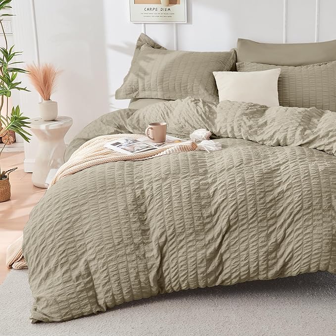 HYMOKEGE Linen Twin Size Duvet Cover, Ultra Soft 2-Piece Seersucker Duvet Cover Set with Zipper Closure, Soft Brushed Microfiber Bedding Set with 8 Corner Ties (68"x90", 1 Pillowshams)