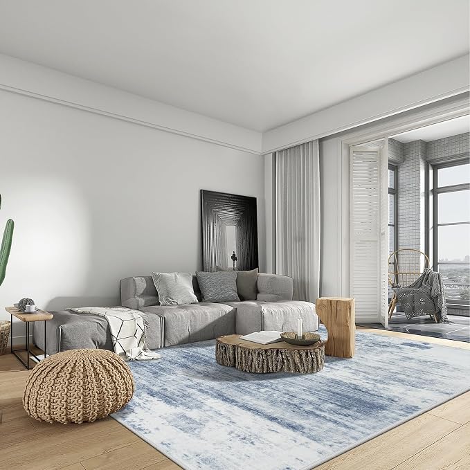 6x9 Area Rugs for Living Room: Washable Abstract Blue White Badroom Carpet | Non-slip TPE backing makes this washable soft low-pile rug safe & durable, Pet-friendly decor for dining room,nursery,office