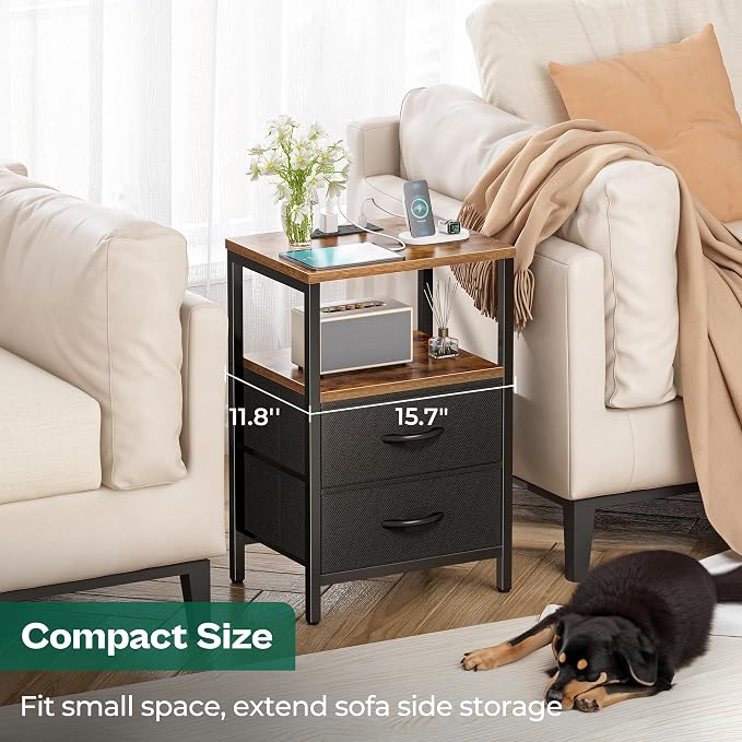 Huuger Nightstand with Charging Station, Side Table with Fabric Drawers, End Table with Open Shelf, Bedside Table with USB Ports and Outlets, Night Stand for Bedroom, Rustic Brown and Black | End Table with Open Shelf, Bedside Table with USB Ports and ...