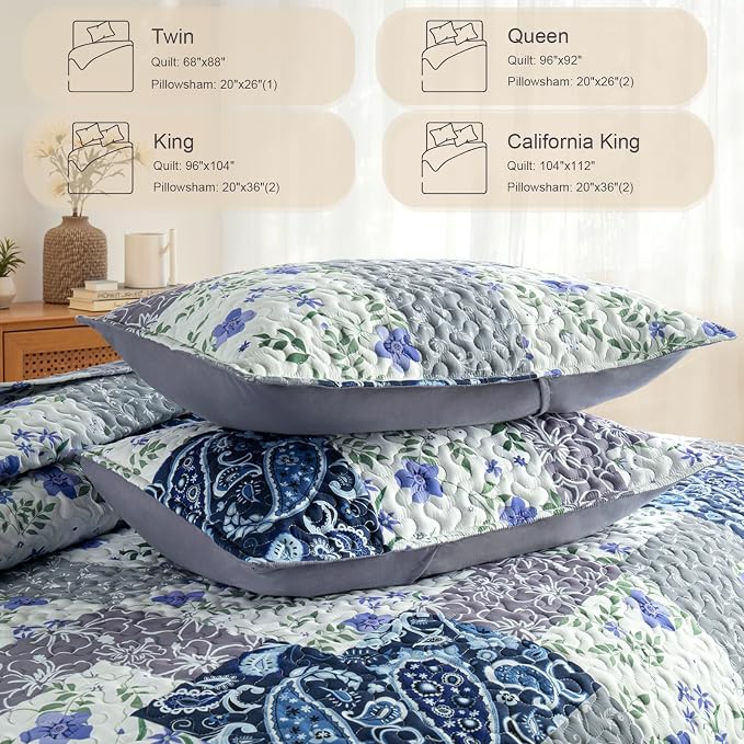 Whale Flotilla California King Size Quilt Set, Extra Soft Floral Bedspreads | Paisley Flowers Reversible Lightweight Oversized King Quilt Bedding Set, Printed Coverlet with 2 Pillow Shams for All Seasons