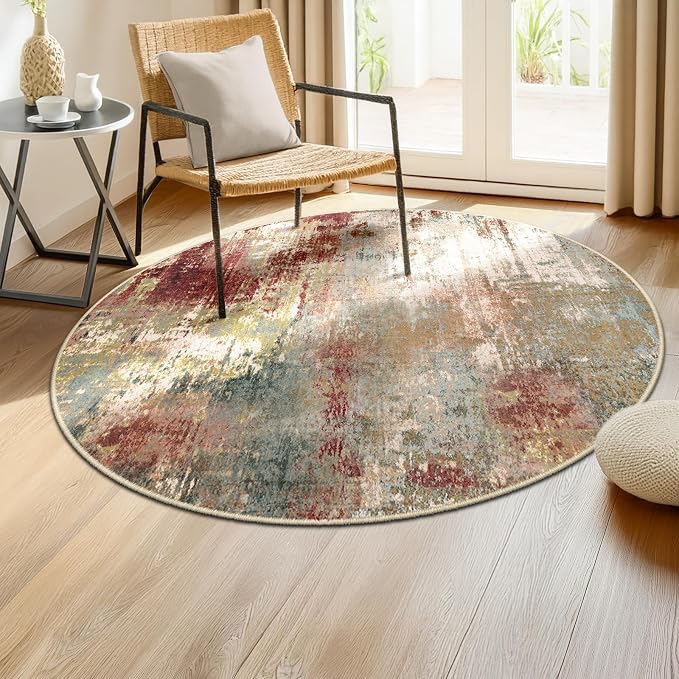 RELEANY Washable Round 4ft Area Rug for Living Room Rustic Brown | Carpet for Bedroom, Kitchen, Office, Hallway and Entryway, Printed Pattern, Non‑Slip, Soft, Stain‑Resistant, Easy to Clean