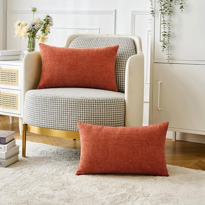 MIULEE Soft Chenille Fall Lumbar Throw Pillow Covers Burnt Orange 12x20 | Pack of 2, Modern Fall Decor, Classic Decorative Pillows, Solid Dyed Cases, Couch Cushion Covers for Sofa Bed Living Room