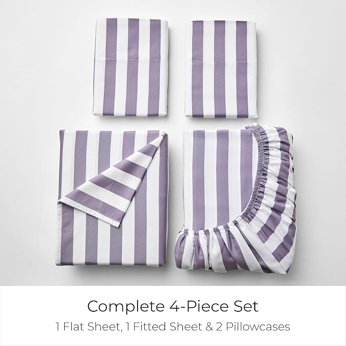 Mellanni Iconic 4-PC, Ultra Soft Sheet Set (King, Oxford Stripe Hazy Lilac) | 10M+ Sleepers. Lab-tested: Sleeps Cool, Stays Bright, Strong, Smooth. Good Housekeeping Best Bedding, 7 yrs running.