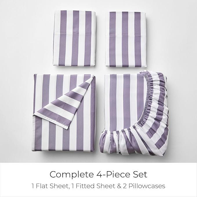 Mellanni Iconic 4-PC, Ultra Soft Sheet Set (Full, Oxford Stripe Hazy Lilac) | 10M+ Sleepers. Lab-tested: Sleeps Cool, Stays Bright, Strong, Smooth. Good Housekeeping Best Bedding, 7 yrs running.