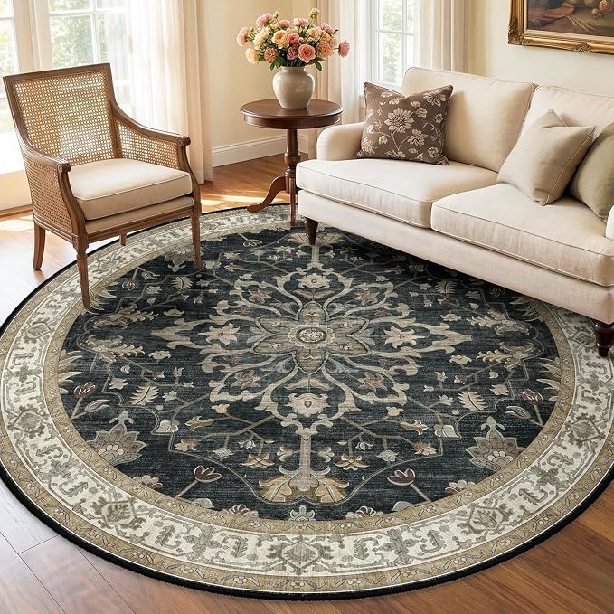 RELEANY Washable Area Rug, Round 6ft, Black/Vintage/Beige | Non-Slip, Water Repellent, Pet Friendly, Easy to Clean, Vintage Floral Boho Decor for Living Room Bedroom Dining Room