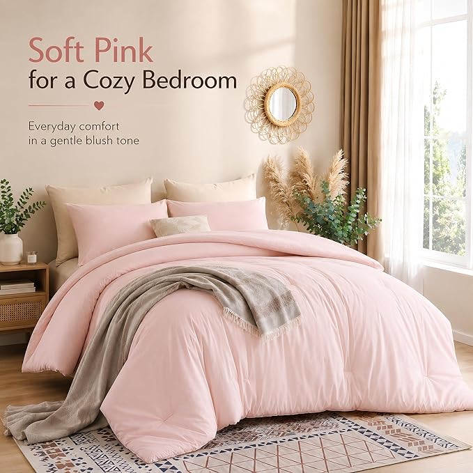 weigelia Pink Comforter Set Full Size, All Season Lightweight Bedding Set | Soft Microfiber Full Comforter Set, Machine Washable, Blush Pink Solid Color Bed Set (1 Comforter, 2 Pillowcase)