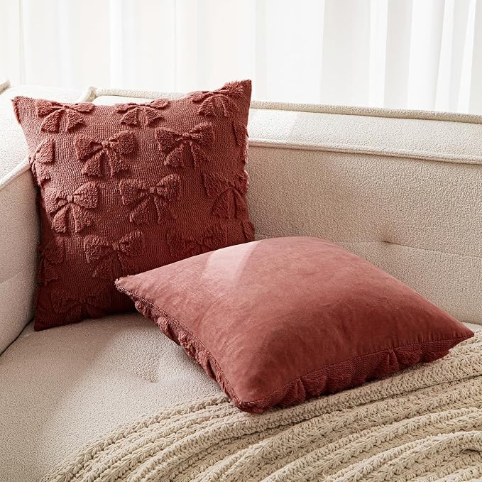 MIULEE Burgundy Bow Pillow Covers Coquette Room Decor 18x18 | Aesthetic Decorative Cute Girl,Set of 2 Cushion Covers,Soft Plush Faux Pillowcases,Preppy Room Decor Bedroom Couch