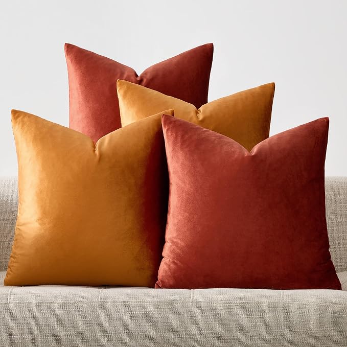 GIGIZAZA Pack of 4 Decorative Velvet Pillow Covers 18x18 Orange | Throw Pillows for Couch Sofa,280gsm Soft Textured Fabric,Modern Accent Pillowcases,Luxury Living Room Cushion Covers