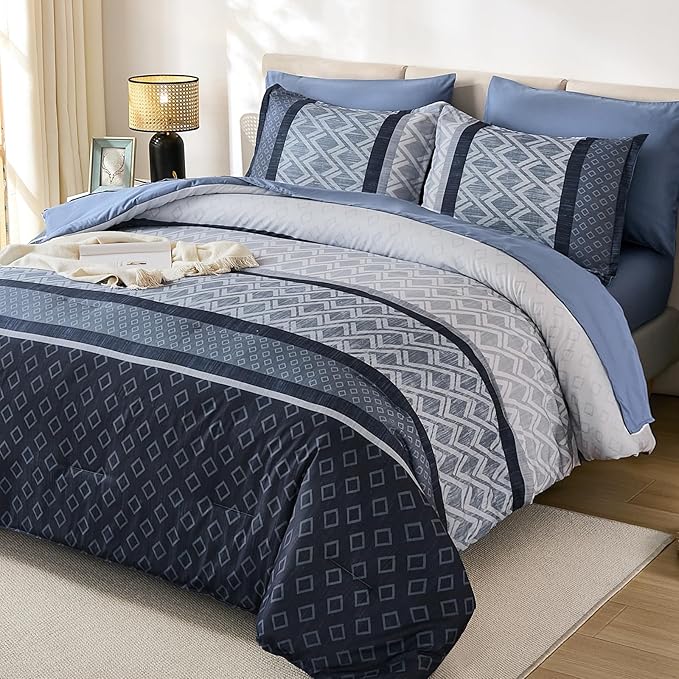 Cottolester Queen Comforter Set,Mineral Blue Boho Striped Bed in a Bag, | 7 Pieces Bed Set,Soft Microfiber Complete Bedding Sets