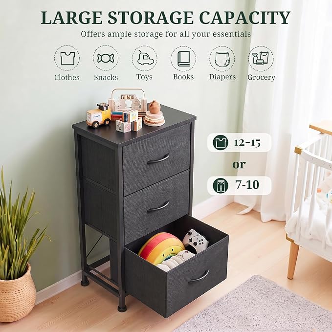 3 Drawers Dresser for Bedroom Fabric Storage Tower with Wooden Top | Steel Frame Chest of Drawers for Closet Entryway Dorm and Small Spaces, Black