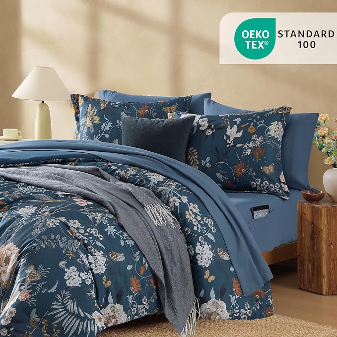 King Size Comforter Set- 7 Pieces Blue Floral Bed in a Bag King Bedding Set | All Season Botanical Texture Flowers Comforter Set with Sheets, Pillowcases & Shams